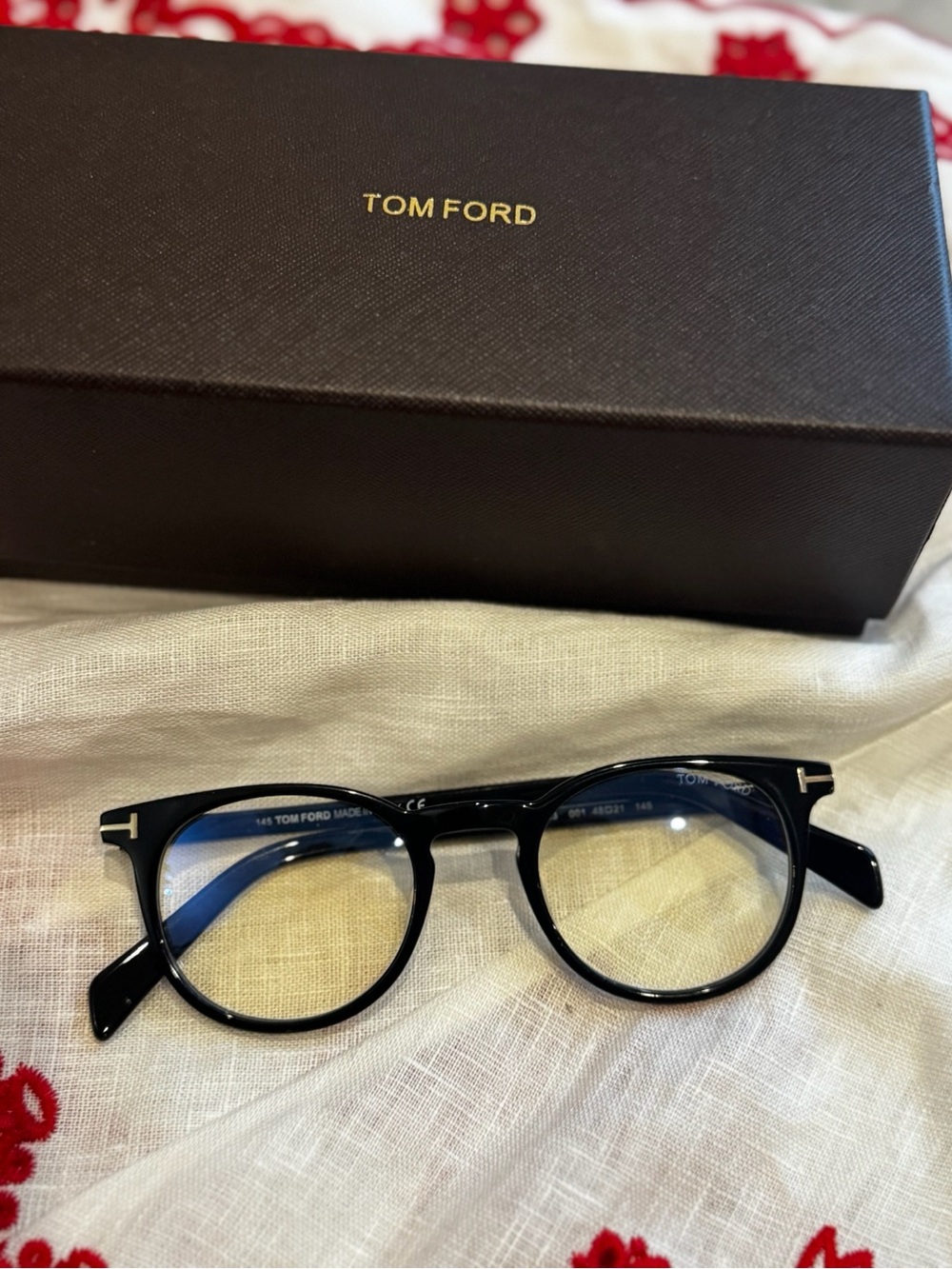 Tom Ford Black Round Acetate Glasses with Gold T Accents
